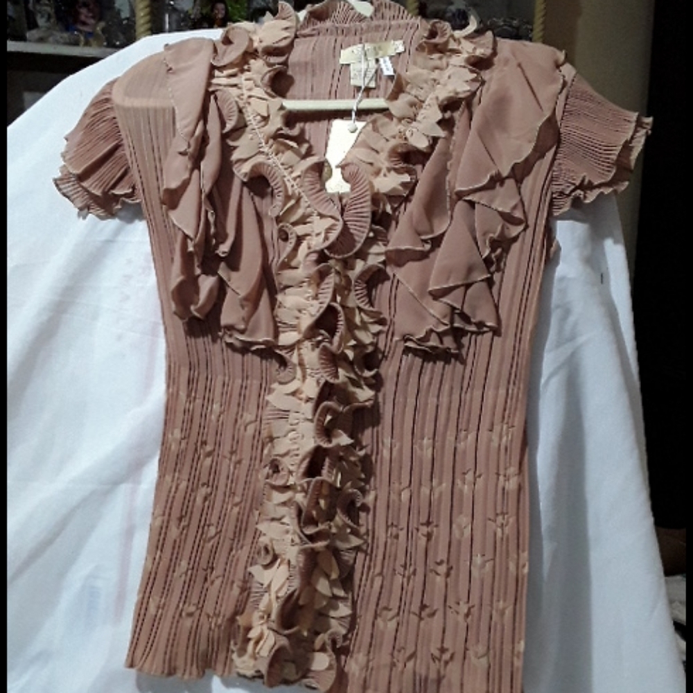 Michael Kors Blush Pink Ruffle Front Short Sleeve Blouse